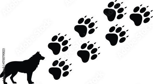 Wolf silhouette with paw prints, wild animal tracking design, nature inspired illustration, wildlife art, creative abstract vector graphic