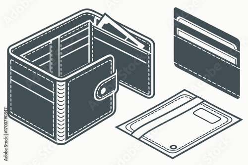 Isometric view of various leather wallets, showing different styles and compartments.