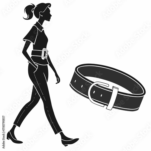 Black and white silhouette illustration of a woman walking with a belt, alongside a separate detailed drawing of a belt accessory.