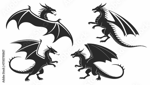 A collection of four stylized black dragon silhouettes in various dynamic poses against a white background.