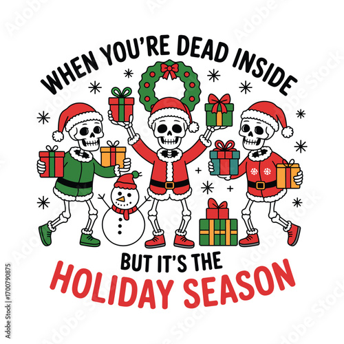 Three skeletons in Santa hats with Christmas gifts