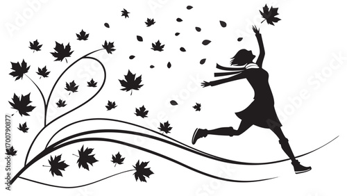 A woman joyfully running through a field of falling autumn leaves.