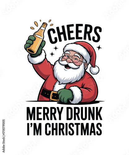 Santa Claus holding beer bottle with cheers text Christmas