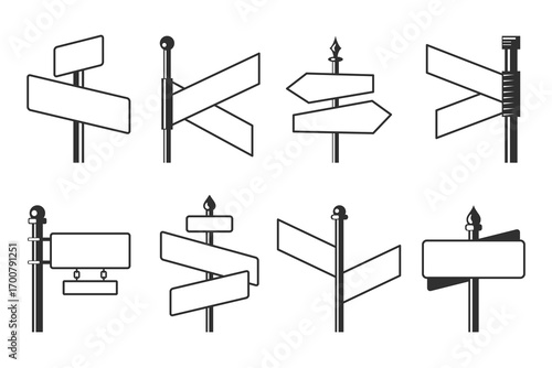Black and white blank street signs and directional road signs