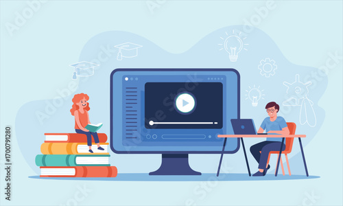 Online education concept, students learning remotely, video tutorial on screen, distance learning, digital classroom, virtual study, e-learning, educational technology