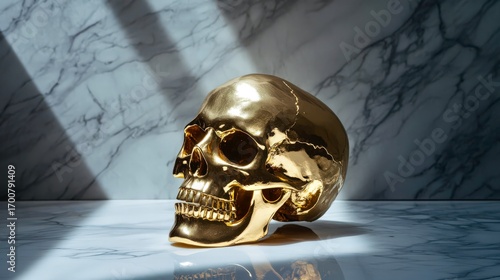 Golden skull artwork shining on white marble gothic decor