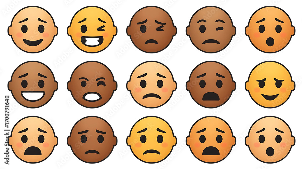Obraz premium Set of diverse emoji faces expressing human emotions