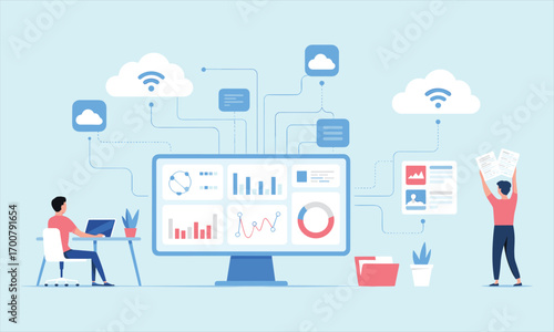 Cloud data analytics, remote teamwork, digital dashboard, online report sharing, cloud storage management, business intelligence, wireless connectivity, people analyzing data