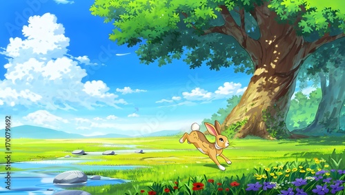 Cheerful Bunny's Meadow Escapade: A lively rabbit bounds across a vivid meadow, under a tranquil blue sky, epitomizing freedom and joy.
