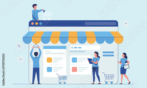 People shopping online, using digital devices, browsing e-commerce website, storefront interface, buying products, teamwork, marketing strategy, online business development