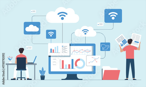 Cloud computing system, wireless data sharing, online analytics dashboard, people working remotely, digital transformation, file storage, business data visualization