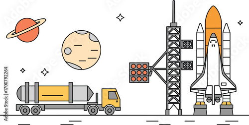 Space shuttle launch pad illustration, rocket transportation truck, outer space exploration concept, planets, stars