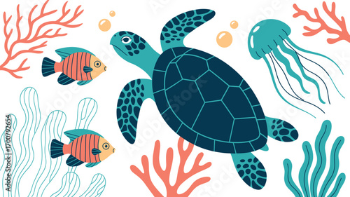 Sea turtle illustration, tropical fish, coral reef, jellyfish, underwater wildlife vector, ocean ecosystem