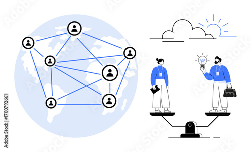 Connected network of profiles over world map, two individuals on a balance scale exchanging ideas. Ideal for teamwork, innovation, equality, communication, globalization, networking, problem-solving