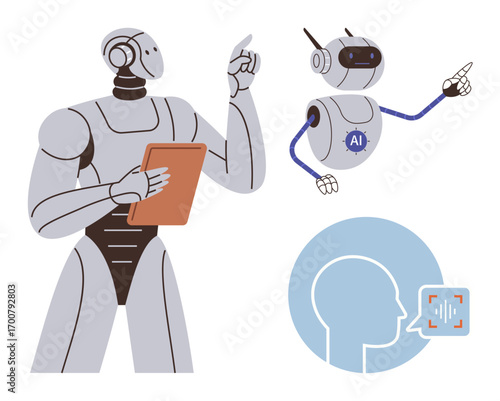 Humanoid robot holding a tablet, smaller AI robot gesturing, and a head profile showcasing voice recognition technology. Ideal for AI, robotics, innovation, technology, machine learning, automation