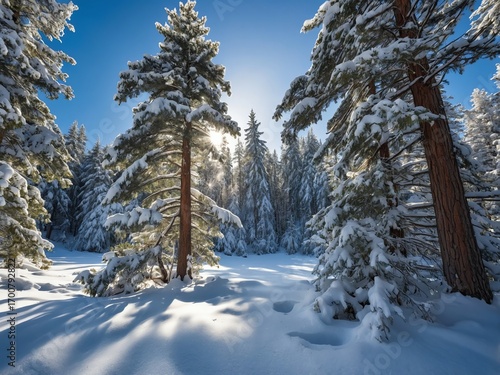 Pristine Winter Snow Landscape with Evergreen Trees