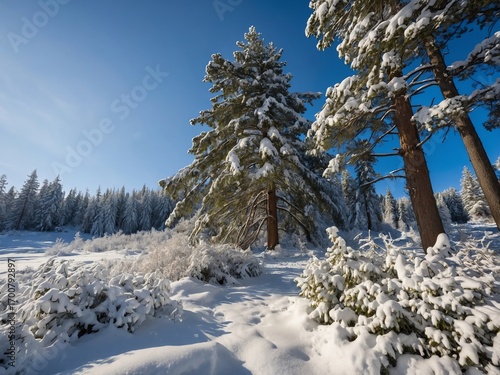 Pristine Winter Snow Landscape with Evergreen Trees