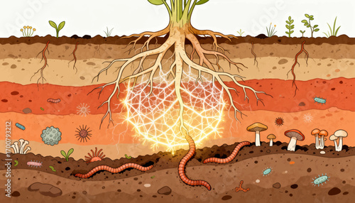 A cross-section illustration reveals a plant's root system interacting with vibrant soil life and layered earth.