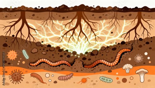 Illustration depicting a cross-section of soil, showcasing roots, worms, and microorganisms.