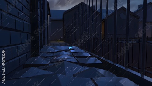 Rain-Swept Alleyway: An atmospheric illustration of a rain-drenched alleyway, evoking a sense of mystery and isolation under a stormy sky. 