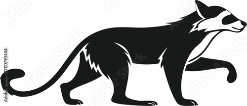  vector illustration of an Asian palm civet in a walking pose. Elegant silhouette design suitable for wildlife logos or exotic-themed artwork. Ideal for creative branding projects.