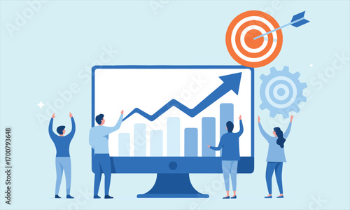 Team celebrating business growth, successful data analysis, rising graph, target achievement, digital marketing, teamwork success, goal setting, productivity increase