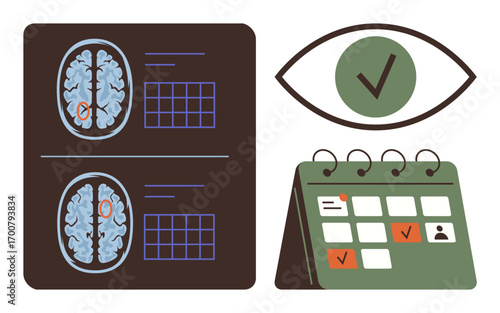 Brain scan images with marked areas, checkmark inside an eye, and a calendar with events marked. Ideal for healthcare, diagnostics, neurology, vision, planning, medical research patient scheduling