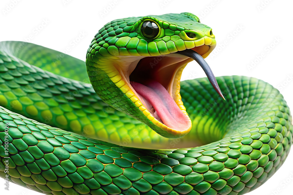 Obraz premium Green serpent hissing isolated on a transparent background