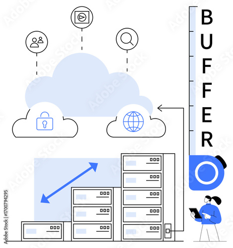 Cloud integration with data servers, user privacy lock, global access, scalability indicator. Ideal for technology, cybersecurity, cloud services, data management, innovation analytics simple