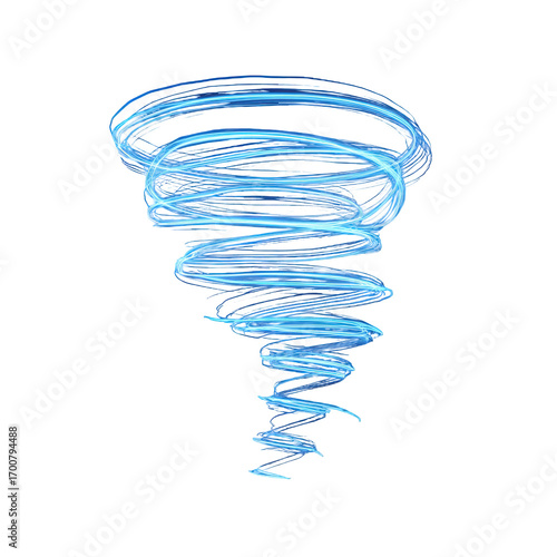 A swirling blue tornado or vortex made of light streaks isolated on a transparent background, representing energy
