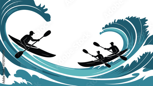 Ocean kayaking thrill, silhouette paddlers, big waves, sea adventure, water sport, dynamic surf, outdoor challenge, dramatic blue seascape
