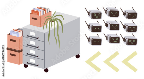 Office cabinet on wheels with organized file boxes, a potted plant, and emotive robot faces. Ideal for productivity, organization, creativity, balance, emotion futuristic tech and decor. Clean flat