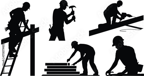 Construction workers silhouette, building tools, teamwork, labor force, industrial job site, manual work, power tools, ladder, measuring tape