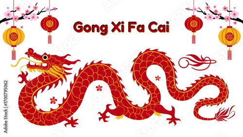 Red Dragon in the Chinese New Year: Celebrate the Lunar New Year with a vibrant illustration of a red dragon amidst traditional lanterns and auspicious blossoms. An emblem of luck, strength.