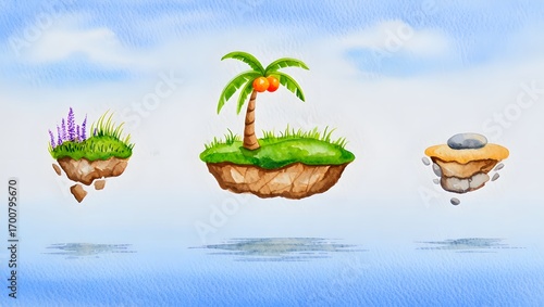 Floating Island Trio: A serene watercolor painting depicting three miniature floating islands each adorned with its own unique vegetation, evoking a sense of tranquility and whimsical charm. 