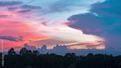 Beautiful sunset sky with colorful clouds over the trees in the evening time