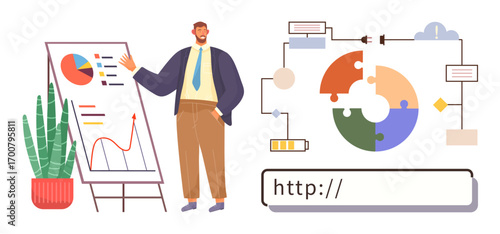 Man explaining charts on easel, puzzle diagram, digital flowchart, and web address bar. Ideal for business strategy, analytics, innovation, teamwork, planning data visualization digital technology