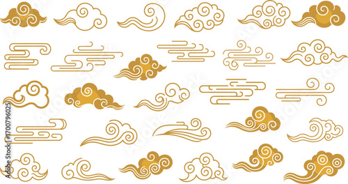 Golden stylized cloud illustration set inspired by East Asian art with swirling lines and decorative curves for cultural graphic design