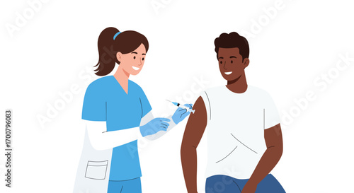 Professional healthcare worker administering a vaccine injection to a smiling African American man