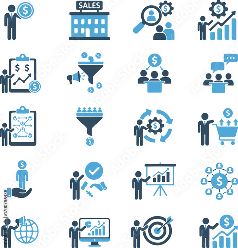 Sales team icon set. Containing Sales department, salesperson, prospect, conversion, sales report, marketing, funnel, lead generation, sales pitch and more
