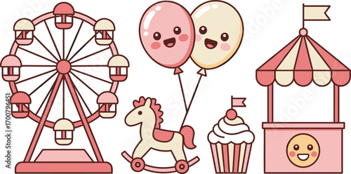 Pastel carnival clipart with cute Ferris wheel, balloons, cupcake, toy horse, kawaii booth, fairground vector for kids
