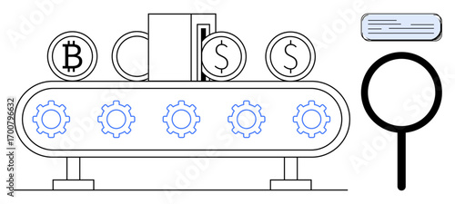 Currency coins on a conveyor belt with gears, a magnifying glass, and digital elements suggest financial automation and analysis. Ideal for finance, currency, automation, technology, analytics
