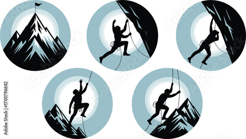 Mountain climbing vector icons with silhouettes of climbers, rope gear, peaks, and extreme adventure sport in circular design