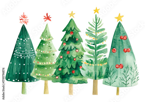Watercolor Christmas trees in minimal style, isolated on white. Great for holiday cards, festive invitations, kids designs, winter decor, and seasonal illustrations.