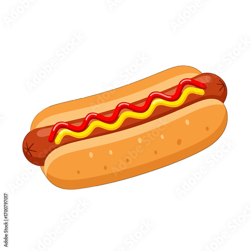 Flat design hot dog featuring vibrant ketchup and simplified sausage