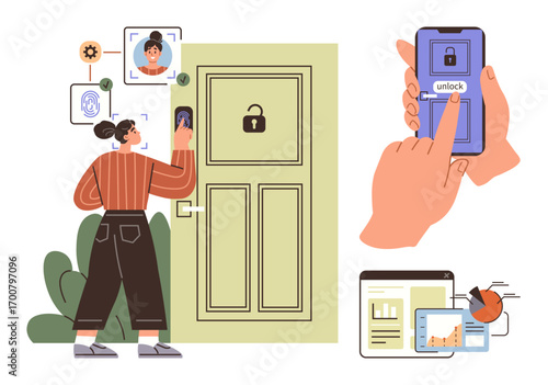 Person unlocking door via facial recognition, smartphone access, and monitoring apps. Ideal for security, technology, innovation, privacy, automation convenience modern living. Represents a simple