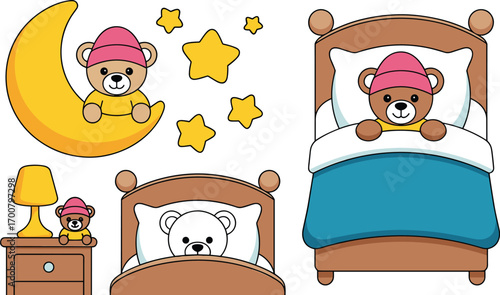 Cute teddy bear bedtime illustration, cartoon night scene, sleeping bear in bed, stars and moon, children room decor