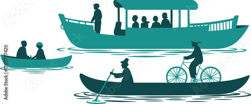 Boat silhouette illustration, people rowing canoe, bicycle on boat, water transport, river journey, traditional boat travel design