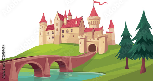 Medieval fairytale castle illustration, fantasy fortress on green hill, stone bridge over river, red rooftops, surrounded by trees