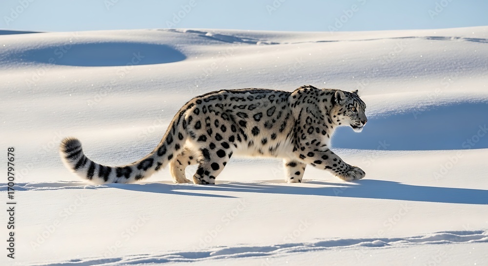 Obraz premium A majestic snow leopard with its distinctive spotted coat walks across a vast, snow-covered landscape under a bright, clear sky.